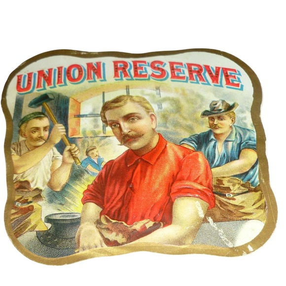 Antique Union Reserve Cigar Box Label Blacksmith Labor Art Embossed Litho NOS